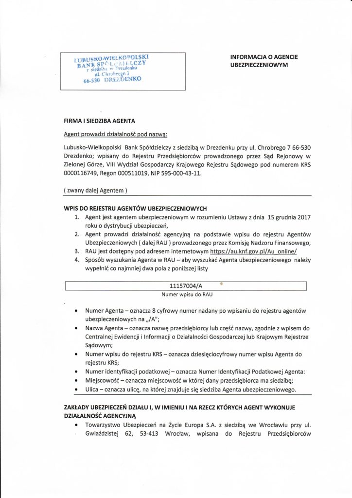 Nota informacyjna 001 Lubusko Wielkopolski Bank Spółdzielczy